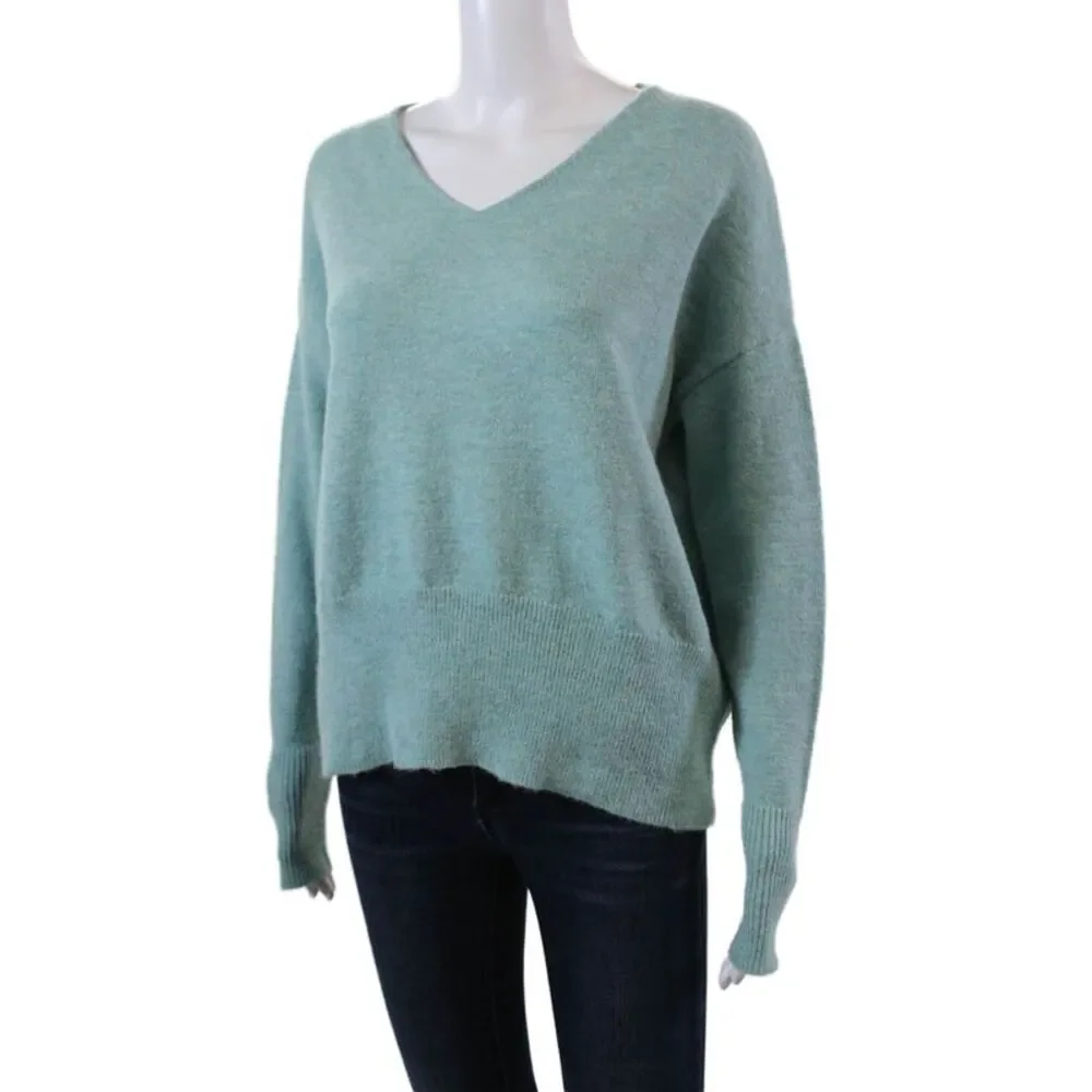 Renuar Womens Long Sleeve Knitted Ribbed Hem V-Neck Sweater Blue Size XL